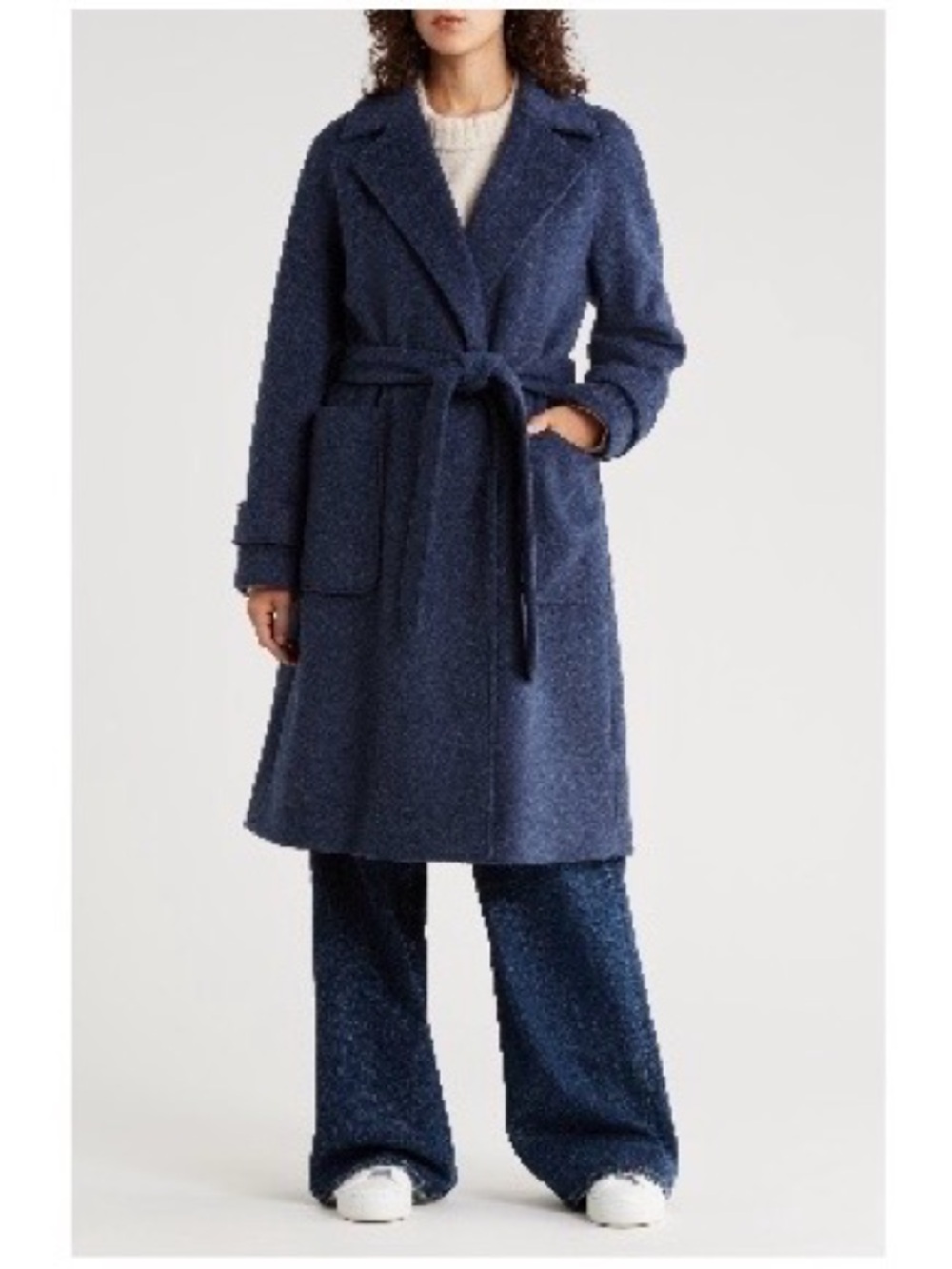 BCBG || Missy Belted PFSA Free Wrap Coat, wool-esque, navy
